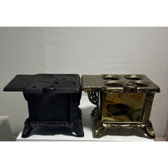 Queen Cast Iron Miniature Stove Set 2 Stoves and Accessory Pieces Black Gold - Picture 10 of 13